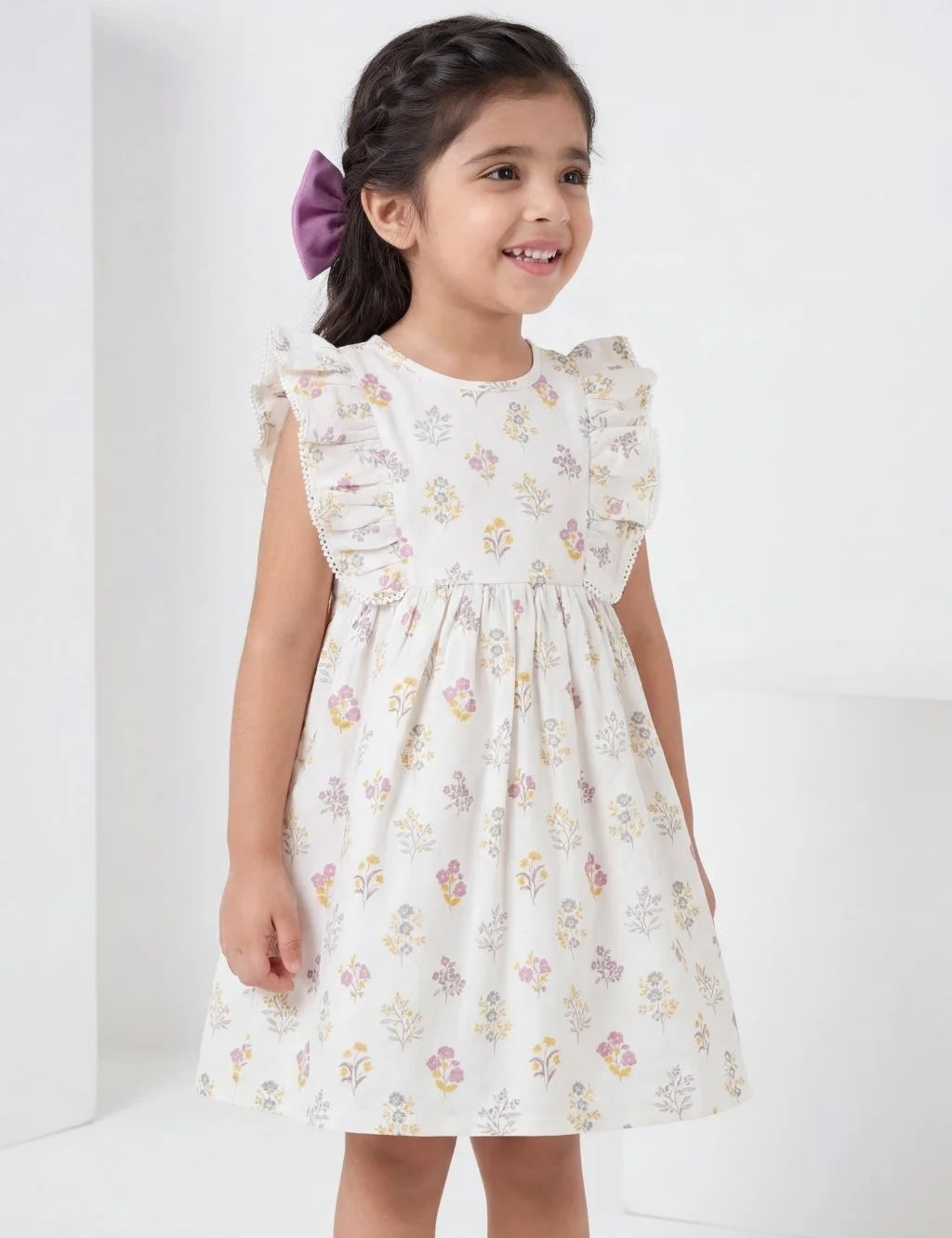 Toddler girl wearing a cream floral print dress with flutter sleeve ruffles and a purple hair bow.