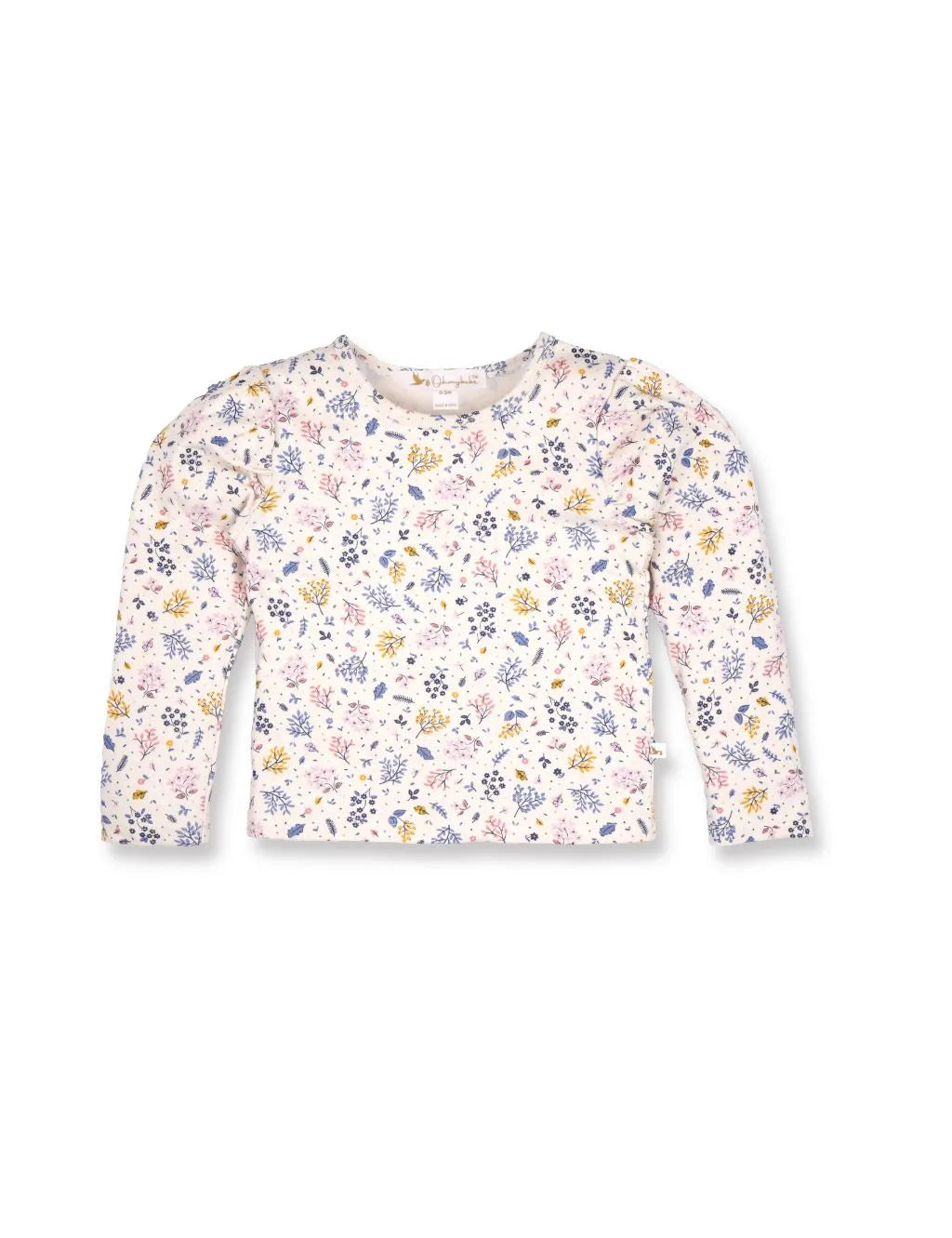Long sleeve floral print toddler top featuring puff sleeve shoulders on a white background