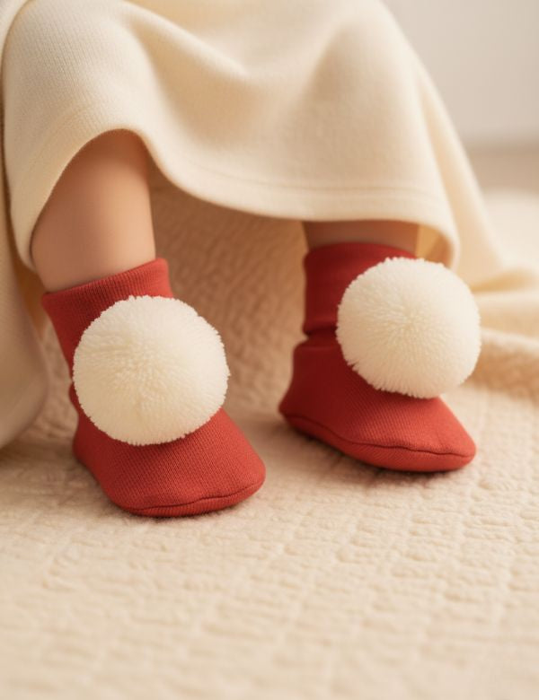 Red socks with white pom-poms worn by a child, sitting on a beige surface.