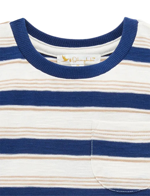 Blue, white, and beige striped cotton t-shirt with navy ribbed collar and chest pocket