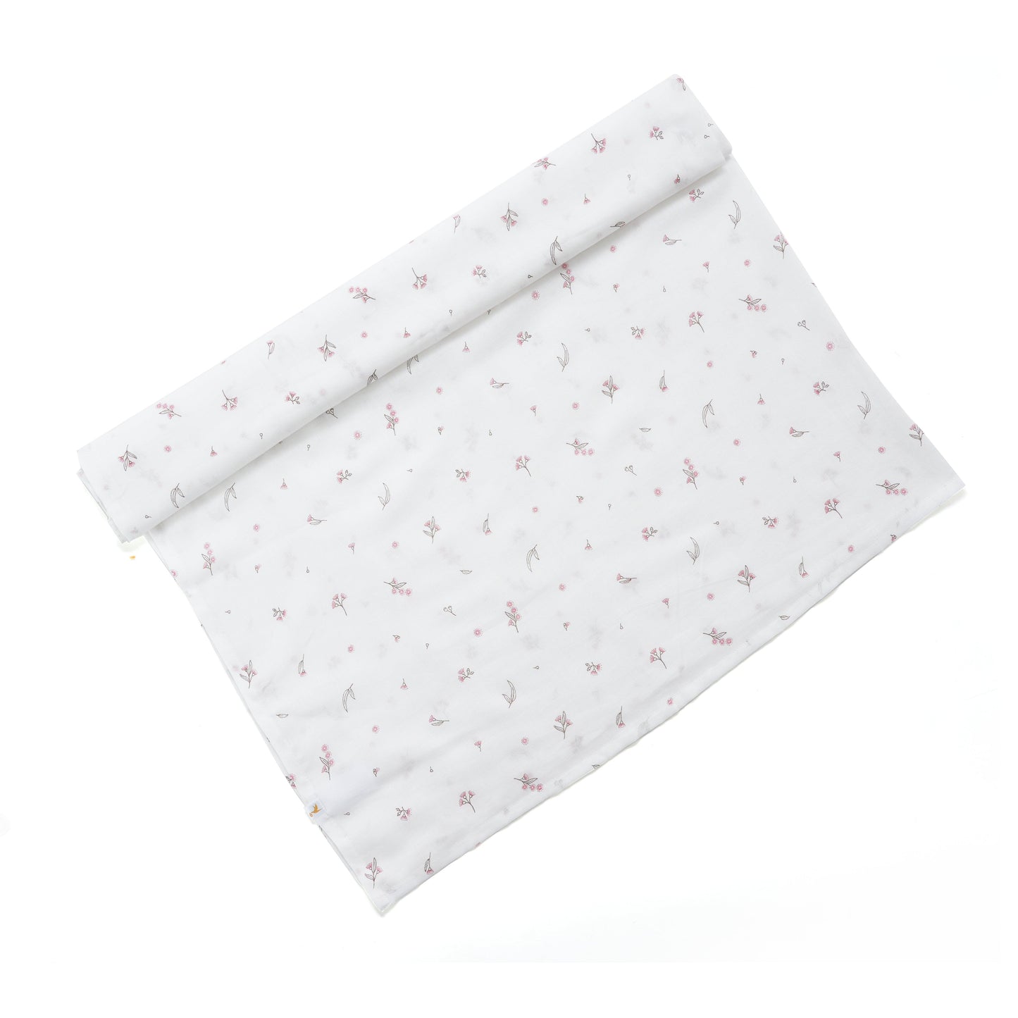 Rolled white baby swaddle blanket with small pink floral print fabric detail
