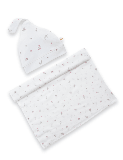 Organic Cotton Wrap & Cap Set – Vanilla Blossom (125 cm x 125 cm)