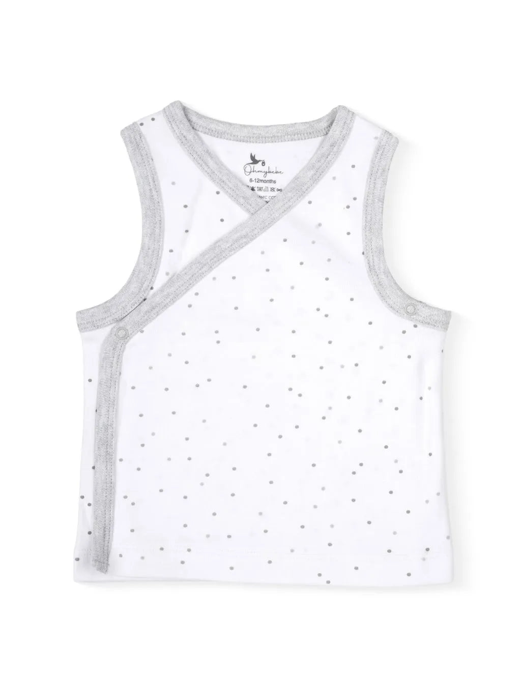 A sleeveless white baby wrap-style tank top featuring a delicate pattern of small grey dots, contrasting light grey textured trim along the edges, and side snap-button closures, laid flat against a plain white background.