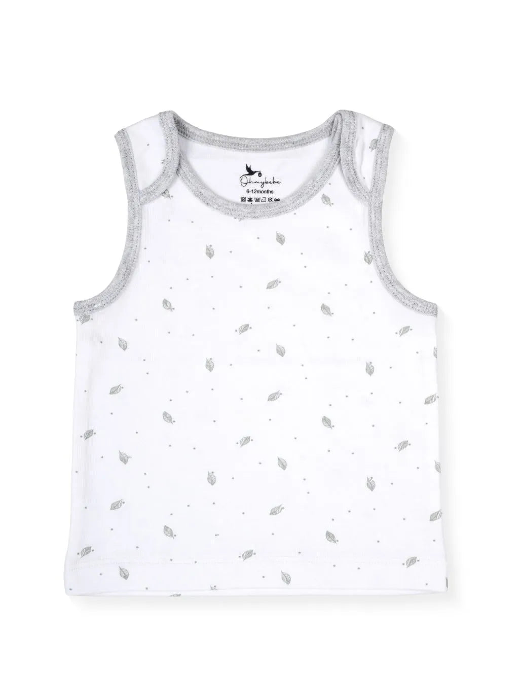 A sleeveless white baby tank top featuring a delicate scattered pattern of tiny grey leaves and dots, finished with contrasting medium grey heather ribbed trim along the neckline and armholes, laid flat against a plain white background.