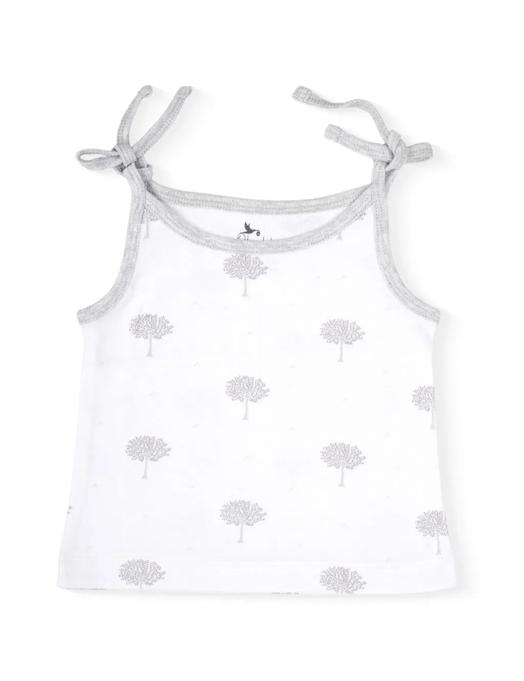 A white sleeveless baby camisole tank top featuring a delicate grey tree pattern, light grey textured trim along the neckline and armholes, and adjustable tie-up shoulder straps, laid flat against a plain white background.