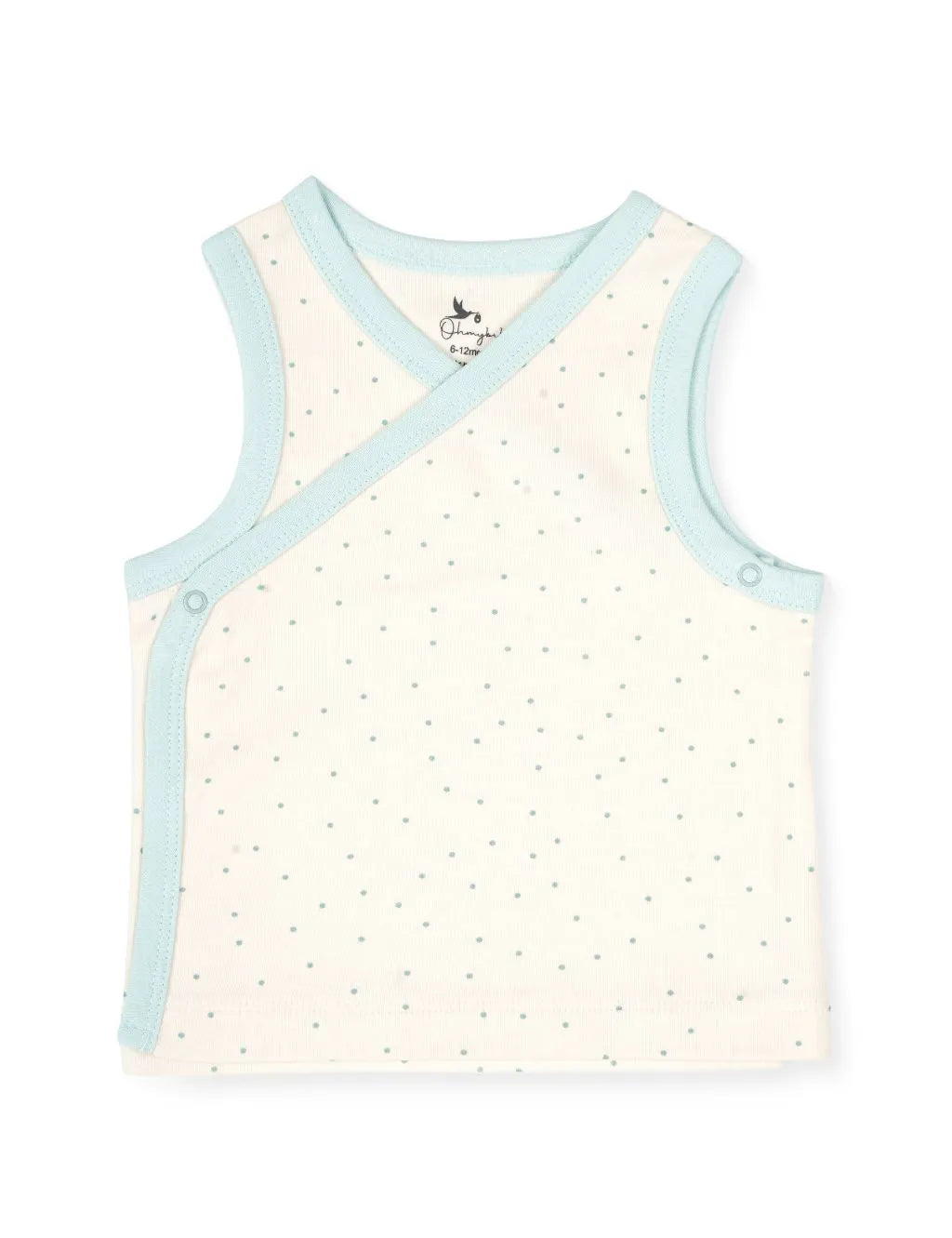A sleeveless white baby wrap-style tank top featuring a delicate pattern of small light blue dots, contrasting light blue ribbed trim along the neckline and crossover edges, and side snap-button closures, laid flat against a plain white background.