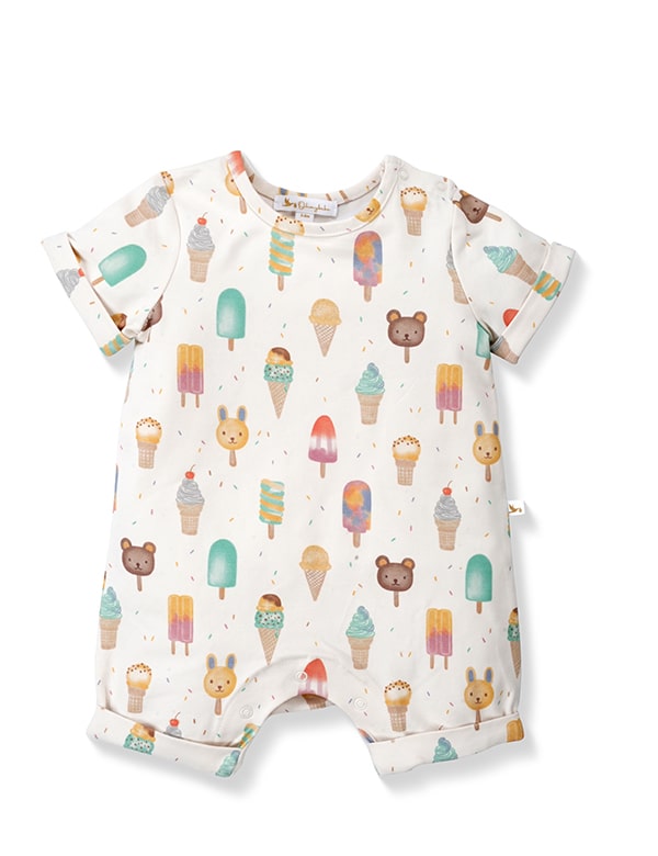 White baby romper with colorful ice cream cones, popsicles, and cute animal faces pattern