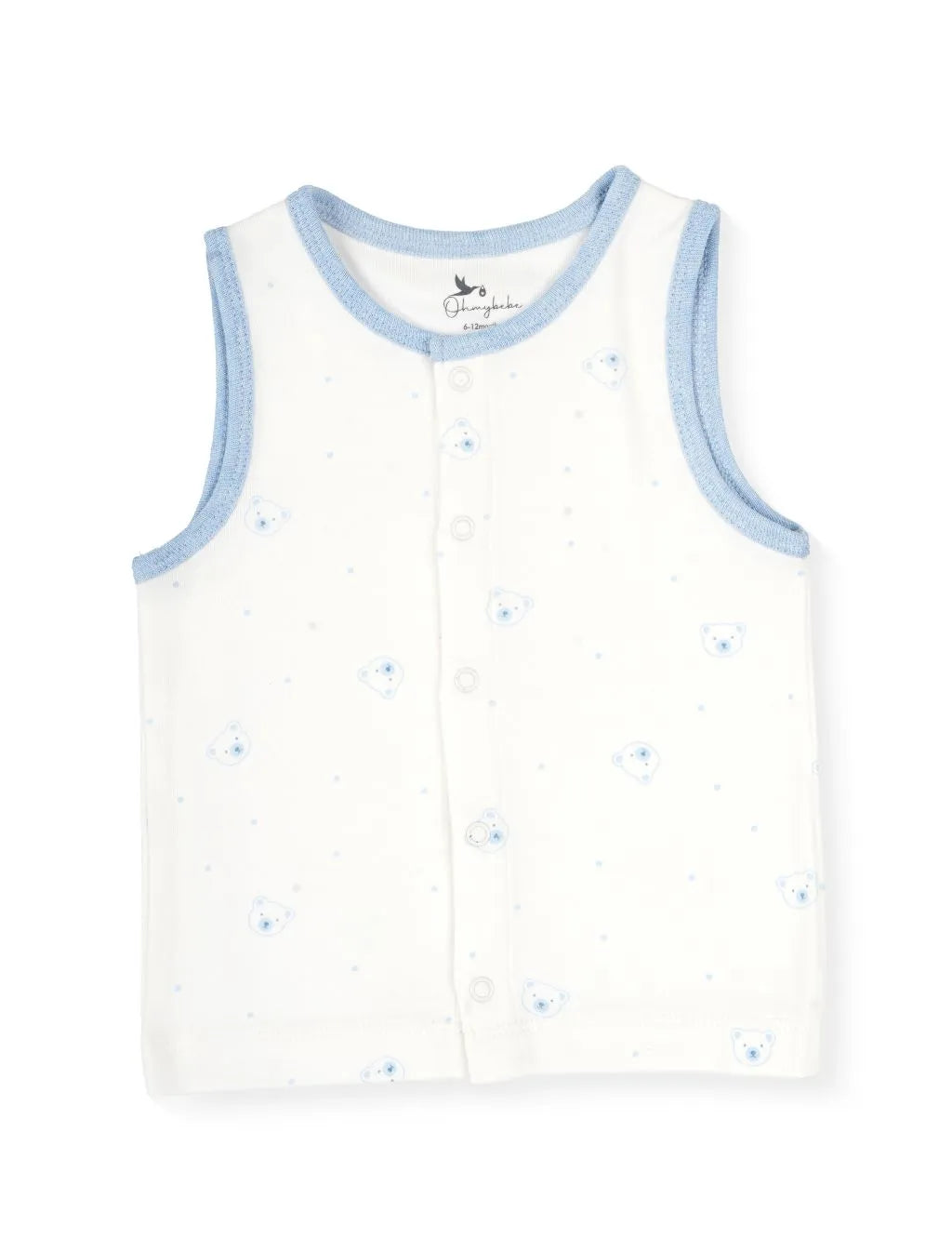A sleeveless white baby tank top featuring a delicate scattered pattern of blue teddy bear faces and tiny dots, a full-length front snap-button closure, and contrasting light blue heather trim along the neckline and armholes, laid flat against a plain white background.