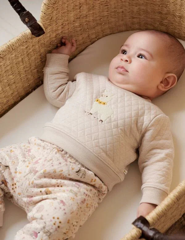 Baby lying in wicker bassinet wearing beige quilted sweatshirt with animal design and patterned pants