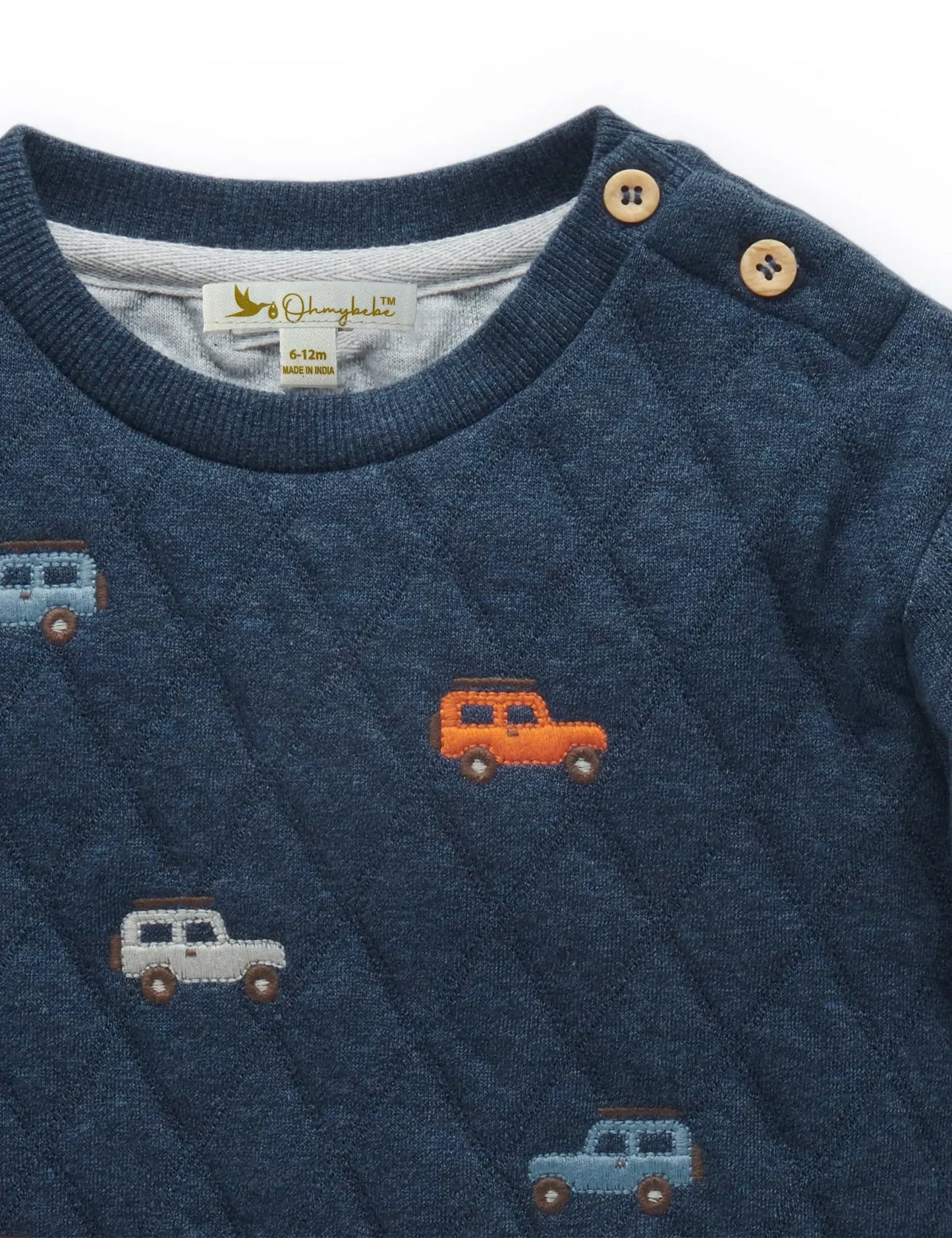 Navy quilted baby boy sweater with wooden buttons and embroidered cars, size 6-12 months
