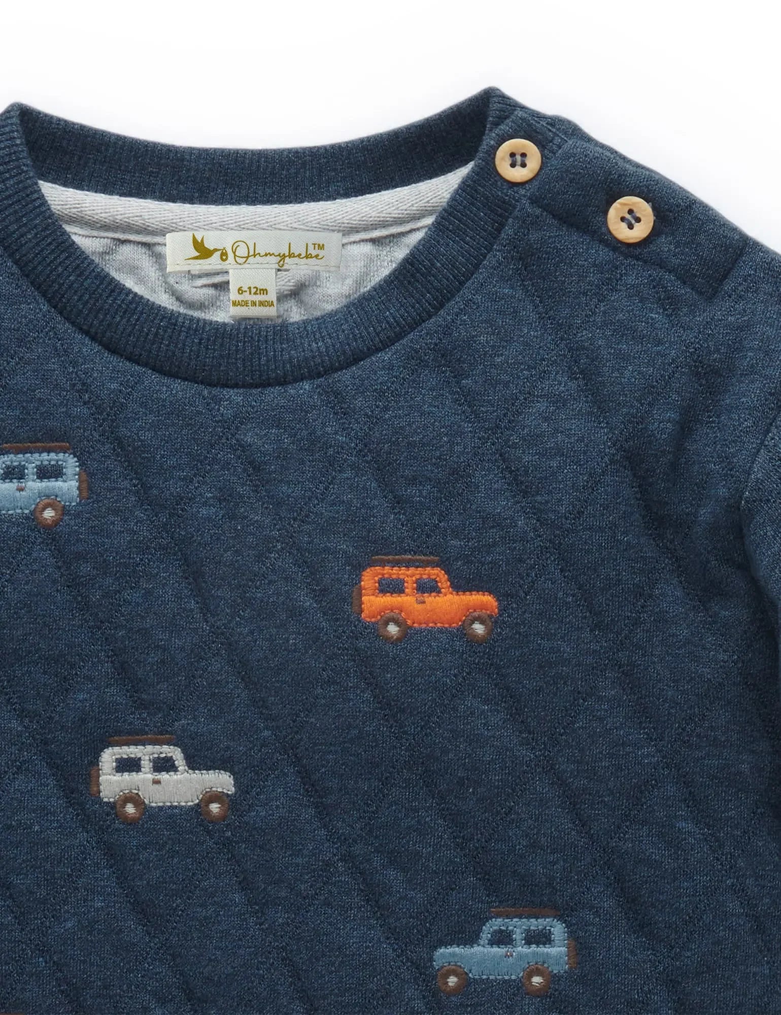 Navy quilted baby boy sweater with wooden buttons and embroidered cars, size 6-12 months