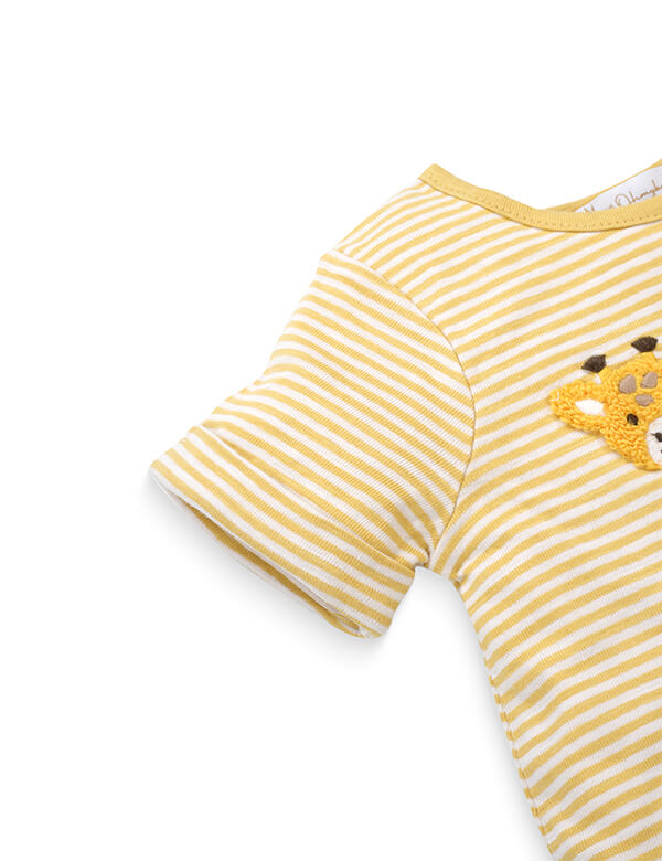Yellow and white striped baby onesie with short sleeves and giraffe face embroidery