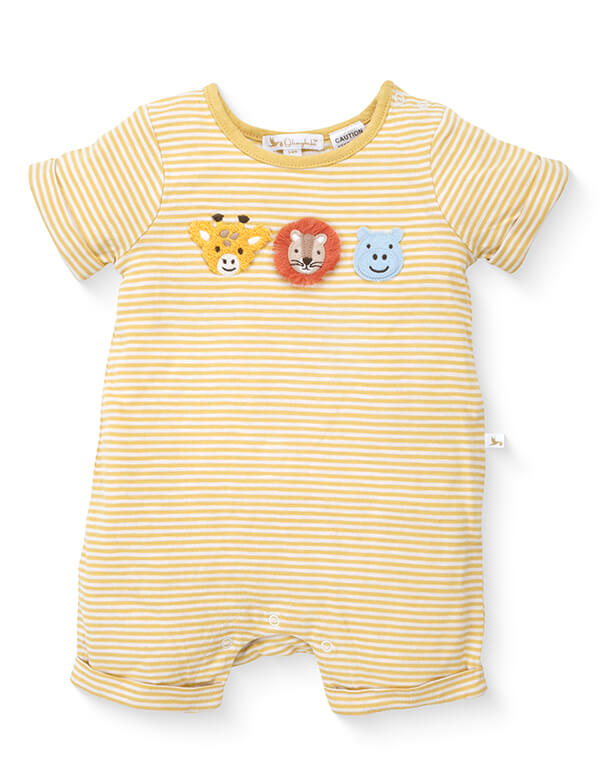 Yellow and white striped baby romper with embroidered giraffe, lion, and hippo faces on chest