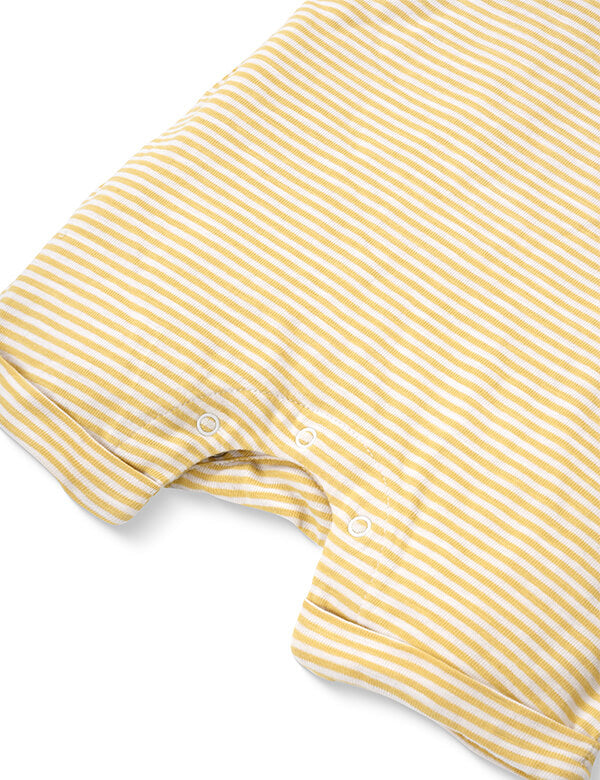 Yellow and white striped baby romper with snap buttons for easy diaper changes