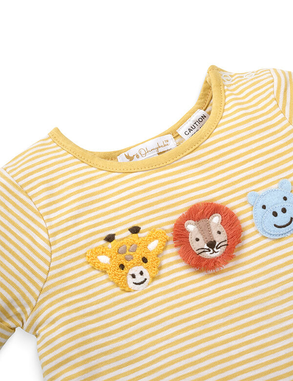 Yellow and white striped baby shirt with embroidered giraffe, lion, and blue bear patches