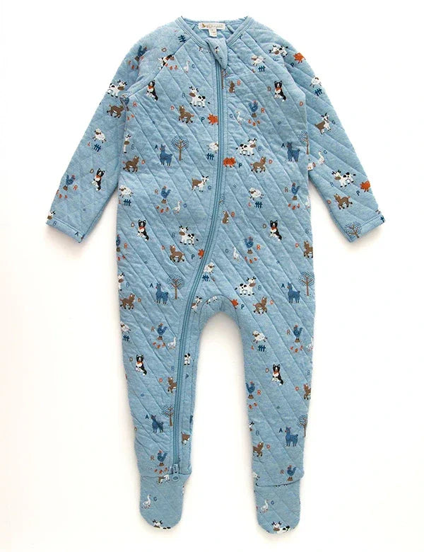 Quilted blue baby romper with animal and alphabet print, featuring a front zipper and footed legs